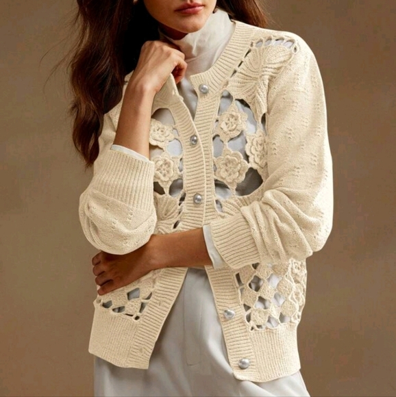 Women's Long Sleeve Double Layer Handmade Crochet Hollow Floral Knitted Cardigan